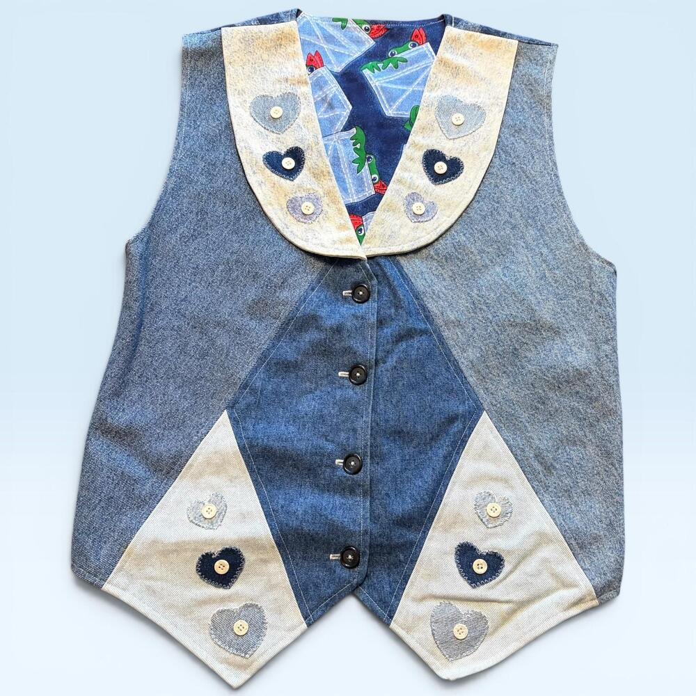 Denim Vest Womens Blue Heart Applique Frog Lining Button Front Patchwork Collar